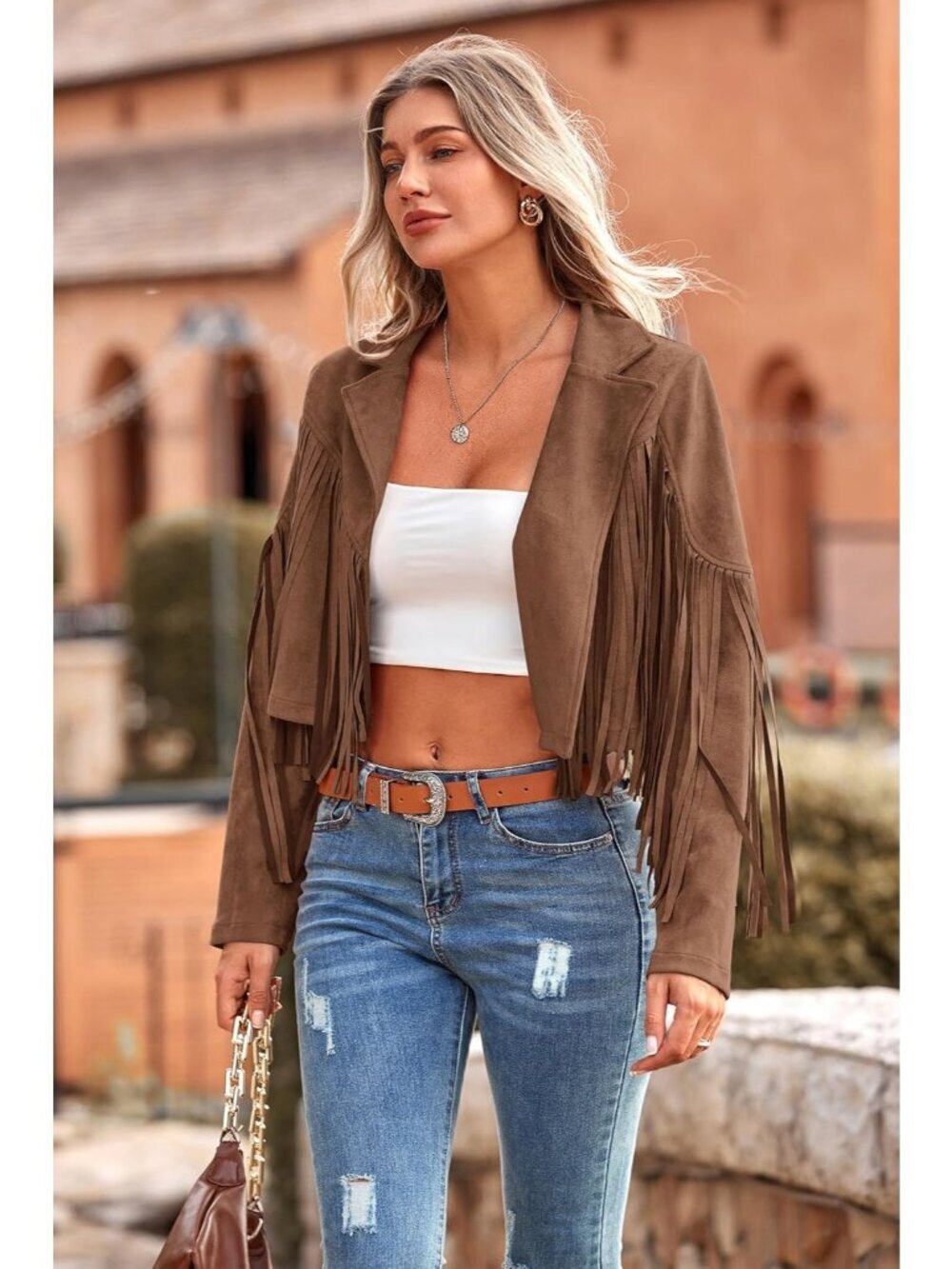 Women's Coffee Polyester Blend Faux Suede Leather Motorcycle Cropped Jacket - Picture 5 of 6